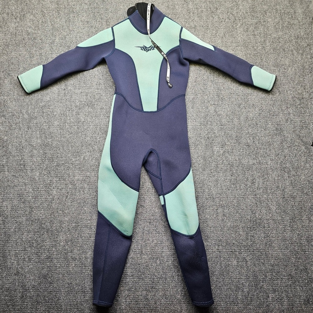 Seaskin Wetsuit Kids Size 8 Full Body Navy Mint Green Neoprene Surf Dive Suit